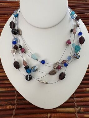 Lia Sophia Layered Bead Necklace in Blue, Teal, Purple, Brown and Silver 16”-19”